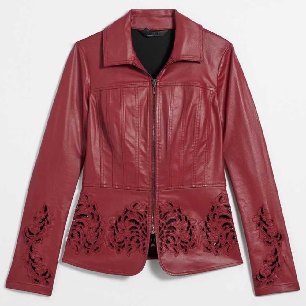 WHBM NWT Cutwork Coated Denim Flirty Jacket Dark Red LEATHER LOOK - Picture 2 of 12